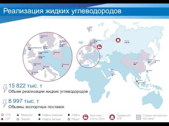 Реализация жидких углеводородов 15 822 тыс. т Объем реализации жидких углеводородов 8