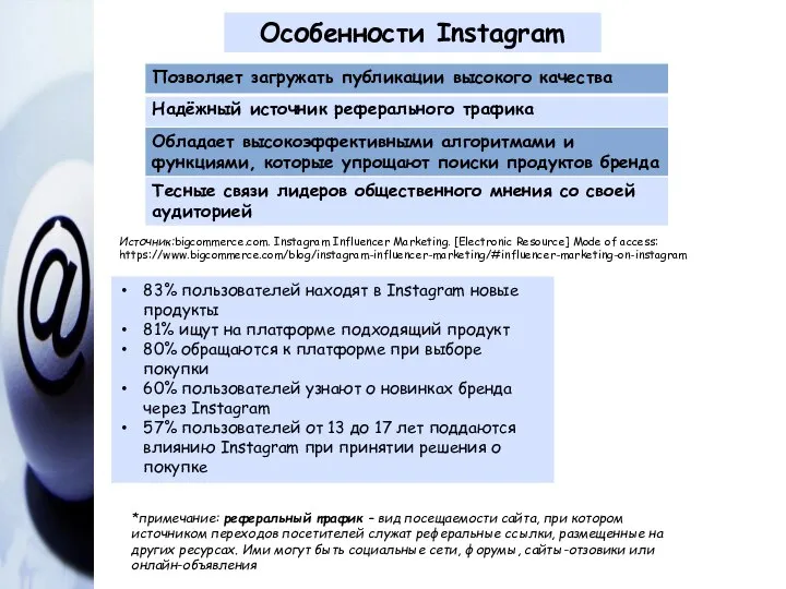 Особенности Instagram Источник:bigcommerce.com. Instagram Influencer Marketing. [Electronic Resource] Mode of access: https://www.bigcommerce.com/blog/instagram-influencer-marketing/#influencer-marketing-on-instagram