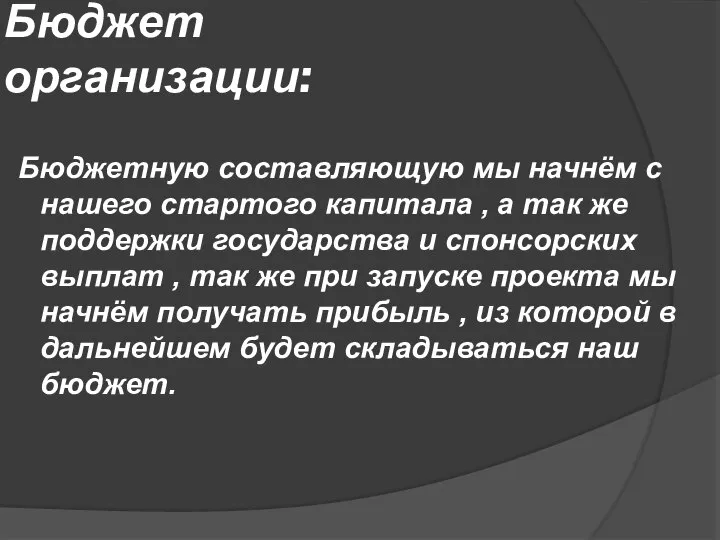 Бюджет организации: Бюджетную составляющую мы начнём с нашего стартого капитала , а