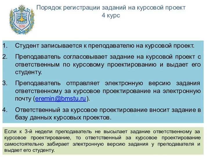 Порядок регистрации заданий на курсовой проект 4 курс * Студент записывается к