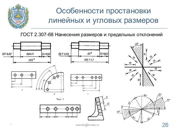 Особенности простановки линейных и угловых размеров * eremin@bmstu.ru ГОСТ 2.307-68 Нанесения размеров и предельных отклонений