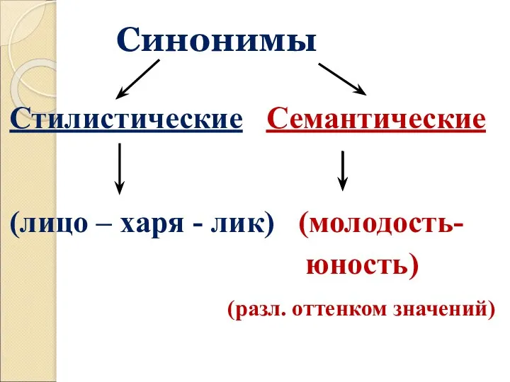 Синонимы Стилистические Семантические (лицо – харя - лик) (молодость- юность) (разл. оттенком значений)