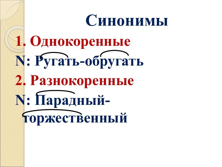 Синонимы 1. Однокоренные N: Ругать-обругать 2. Разнокоренные N: Парадный-торжественный