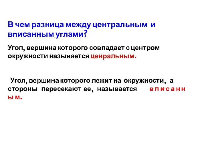 В чем разница между центральным и вписанным углами? Угол, вершина которого совпадает