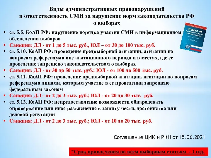 Виды административных правонарушений и ответственность СМИ за нарушение норм законодательства РФ о