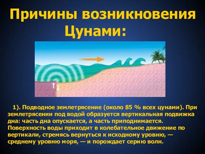 Причины возникновения Цунами: 1). Подводное землетрясение (около 85 % всех цунами). При