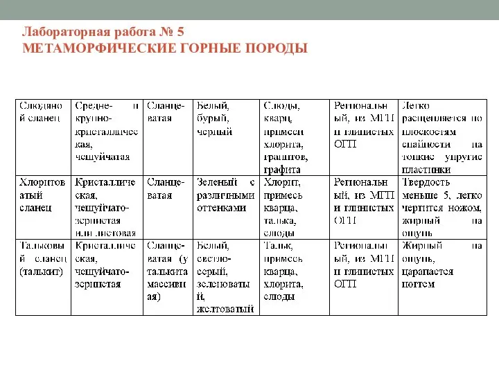 Лабораторная работа № 5 МЕТАМОРФИЧЕСКИЕ ГОРНЫЕ ПОРОДЫ