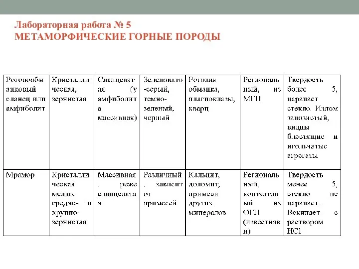 Лабораторная работа № 5 МЕТАМОРФИЧЕСКИЕ ГОРНЫЕ ПОРОДЫ