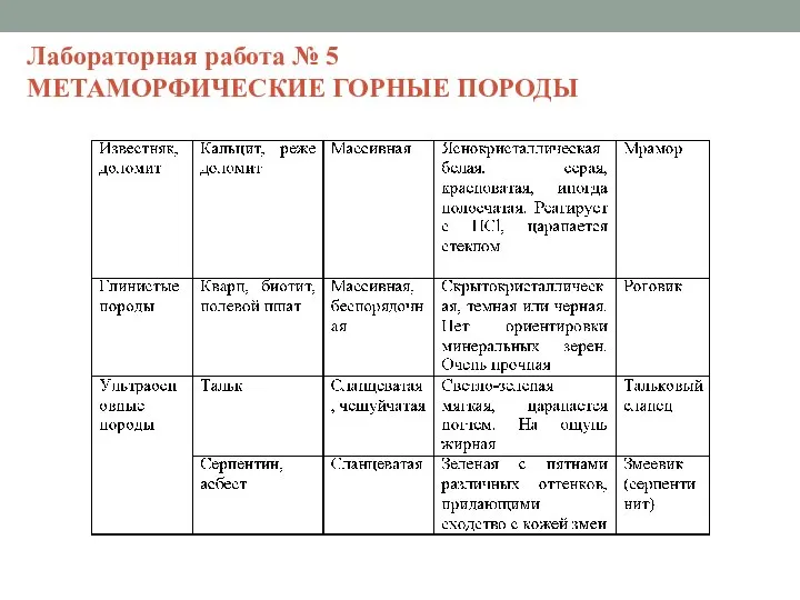 Лабораторная работа № 5 МЕТАМОРФИЧЕСКИЕ ГОРНЫЕ ПОРОДЫ