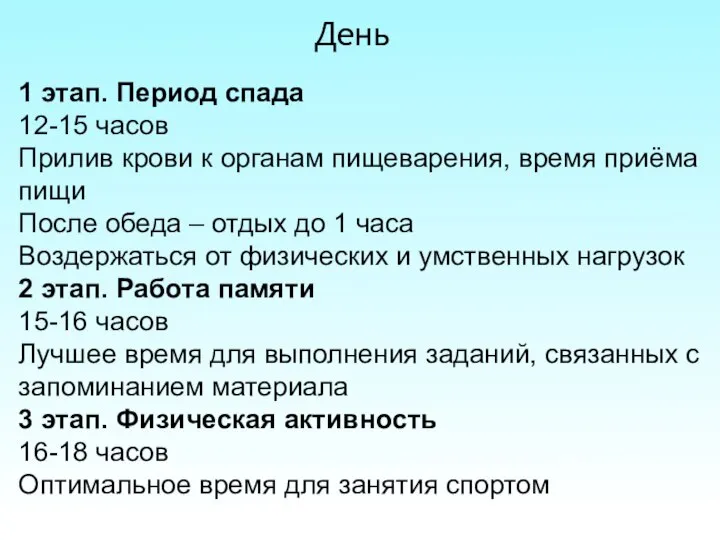 День 1 этап. Период спада 12-15 часов Прилив крови к органам пищеварения,