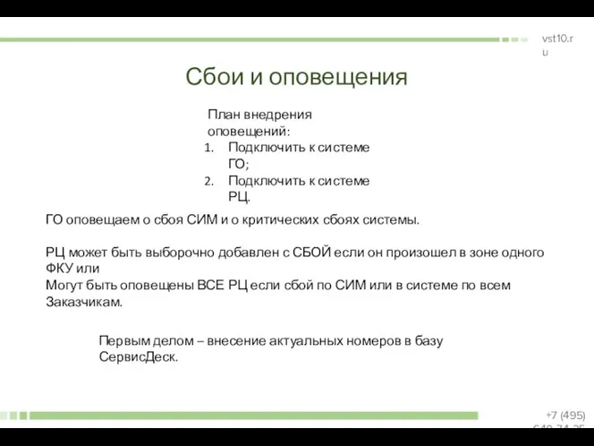 Сбои и оповещения План внедрения оповещений: Подключить к системе ГО; Подключить к