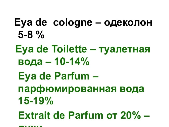 Eya de cologne – одеколон 5-8 % Eya de Toilette – туалетная