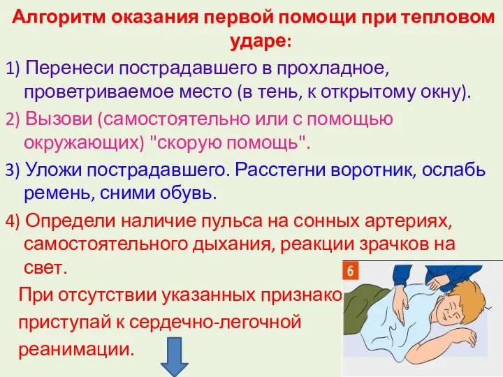 Алгоритм оказания первой помощи при тепловом ударе: 1) Перенеси пострадавшего в прохладное,