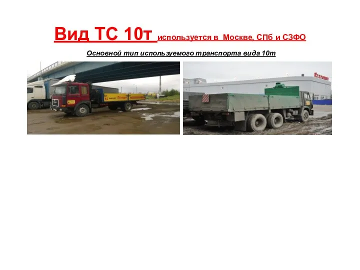 Вид ТС 10т используется в Москве, СПб и СЗФО Основной тип используемого транспорта вида 10т