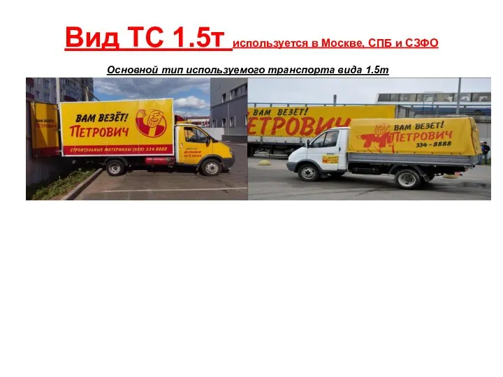 Вид ТС 1.5т используется в Москве, СПБ и СЗФО Основной тип используемого транспорта вида 1.5т