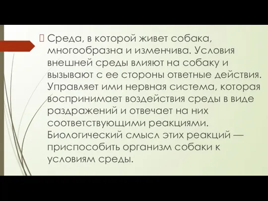 Среда, в которой живет собака, многообразна и изменчива. Условия внешней среды влияют