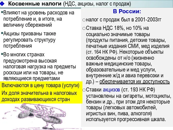 Косвенные налоги (НДС, акцизы, налог с продаж) Влияют на уровень расходов на