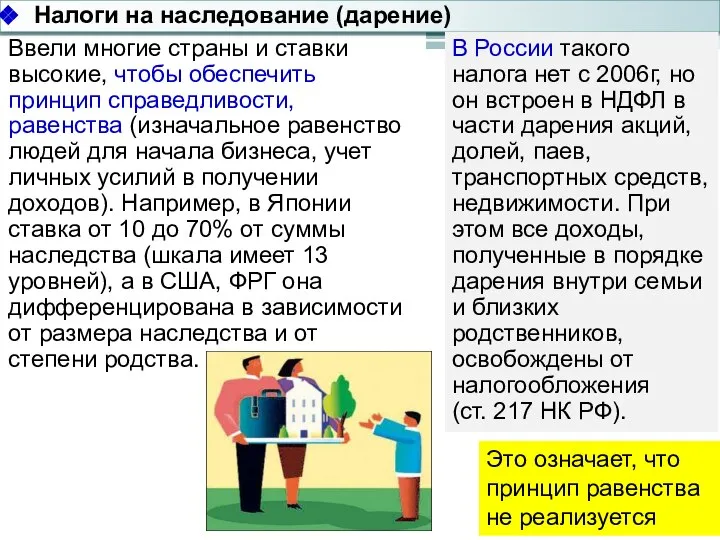 Налоги на наследование (дарение) Ввели многие страны и ставки высокие, чтобы обеспечить