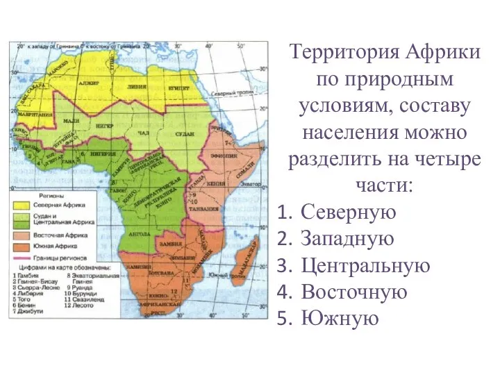 Территория Африки по природным условиям, составу населения можно разделить на четыре части: