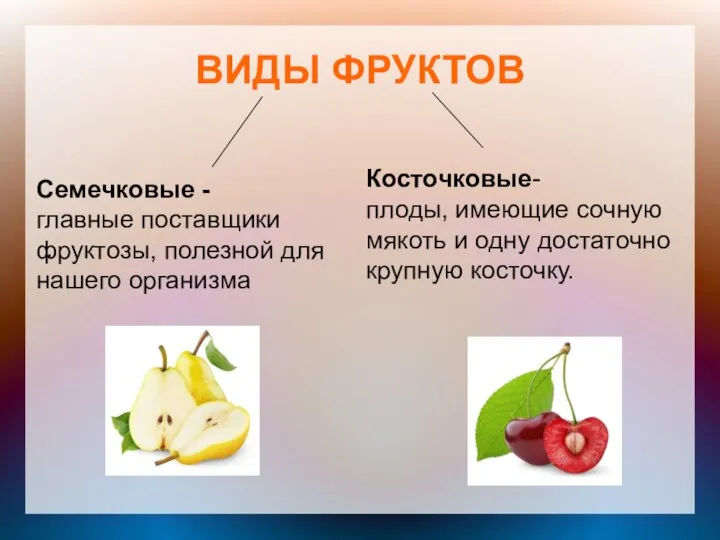 ВИДЫ ФРУКТОВ Семечковые - главные поставщики фруктозы, полезной для нашего организма Косточковые-