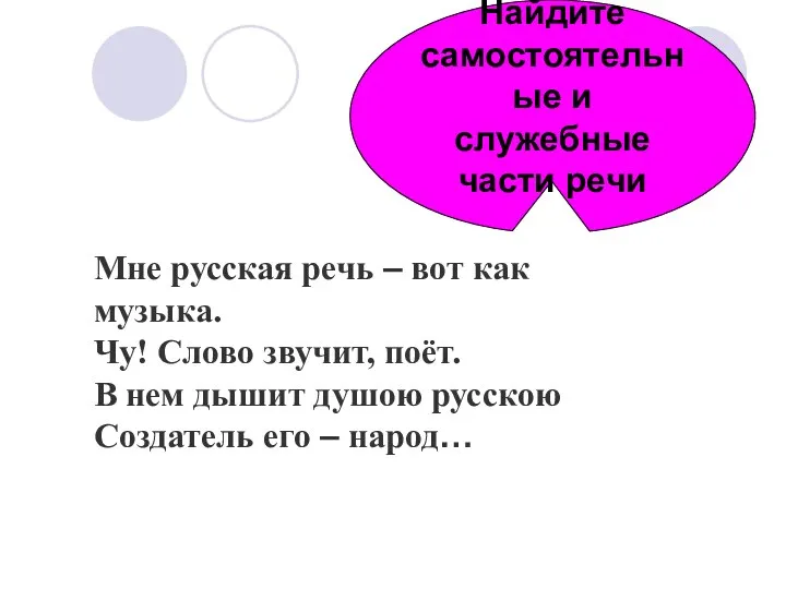 Найдите самостоятельные и служебные части речи Мне русская речь – вот как