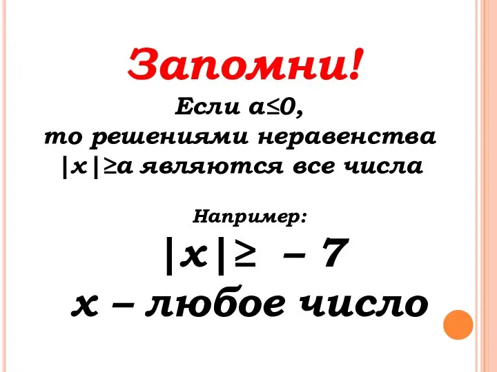 Если а≤0, то решениями неравенства |х|≥а являются все числа Запомни! Например: |х|≥