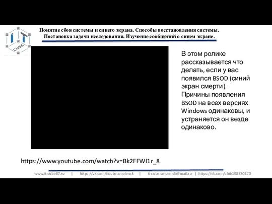 www.it-cube67.ru | https://vk.com/itcube.smolensk | it-cube.smolensk@mail.ru | https://vk.com/club198370270 Понятие сбоя системы и синего