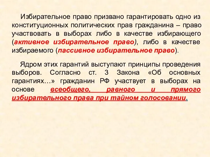 Избирательное право призвано гарантировать одно из конституционных политических прав гражданина – право