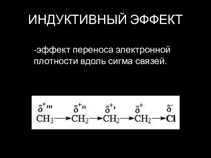 ИНДУКТИВНЫЙ ЭФФЕКТ -эффект переноса электронной плотности вдоль сигма связей.