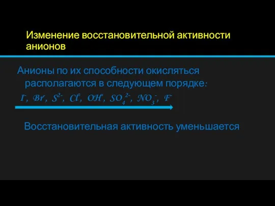 Изменение восстановительной активности анионов Анионы по их способности окисляться располагаются в следующем