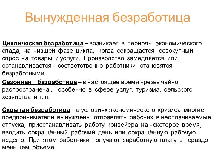 Вынужденная безработица Циклическая безработица – возникает в периоды экономического спада, на низшей