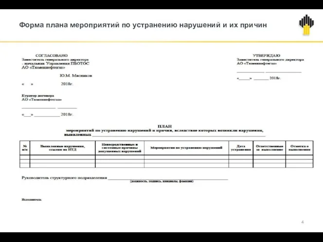 Форма плана мероприятий по устранению нарушений и их причин