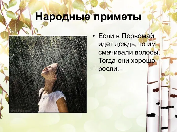 Народные приметы Если в Первомай идет дождь, то им смачивали волосы. Тогда они хорошо росли.