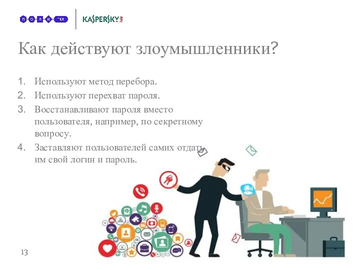 Как действуют злоумышленники? Используют метод перебора. Используют перехват пароля. Восстанавливают пароля вместо