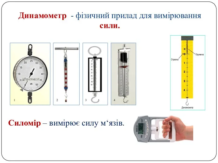 Динамометр - фізичний прилад для вимірювання сили. Силомір – вимірює силу м‘язів.