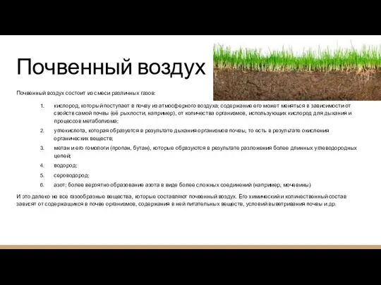 Почвенный воздух Почвенный воздух состоит из смеси различных газов: кислород, который поступает