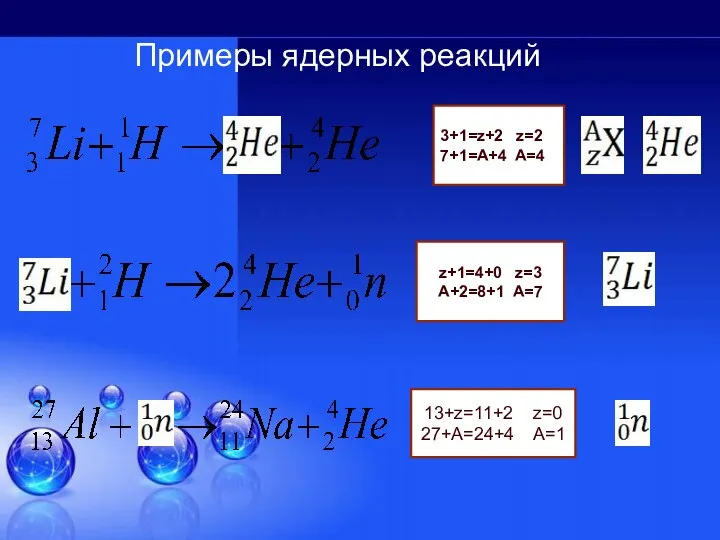 Примеры ядерных реакций 3+1=z+2 z=2 7+1=A+4 A=4 z+1=4+0 z=3 A+2=8+1 A=7 13+z=11+2 z=0 27+A=24+4 A=1