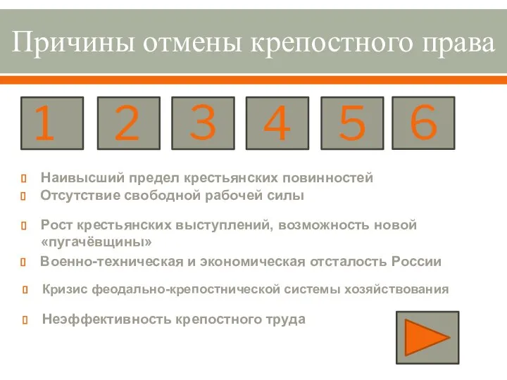 Причины отмены крепостного права Кризис феодально-крепостнической системы хозяйствования Наивысший предел крестьянских повинностей