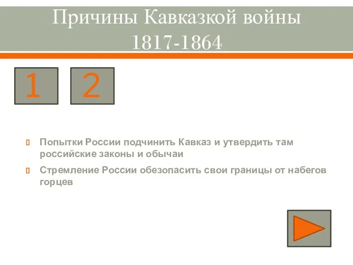 Причины Кавказкой войны 1817-1864 Попытки России подчинить Кавказ и утвердить там российские