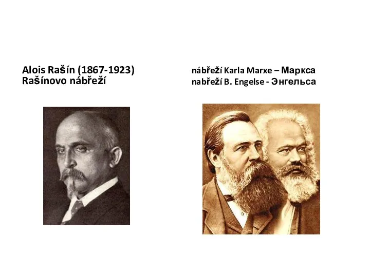 Alois Rašín (1867-1923) Rašínovo nábřeží nábřeží Karla Marxe – Маркса nabřeží B. Engelse - Энгельса