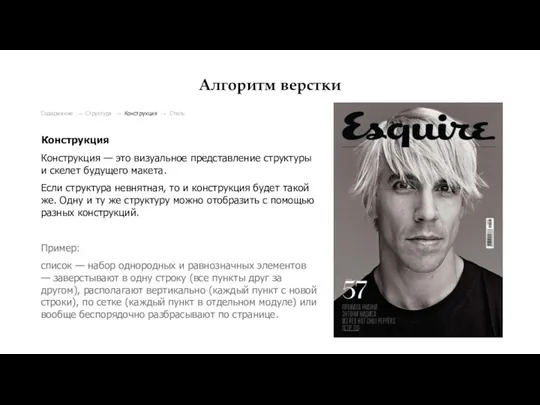 Алгоритм верстки Содержание → Структура → Конструкция → Стиль Конструкция Конструкция —