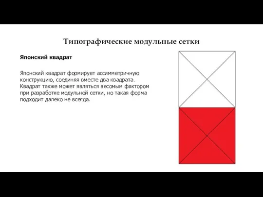 Типографические модульные сетки Японский квадрат Японский квадрат формирует ассимметричную конструкцию, соединяя вместе