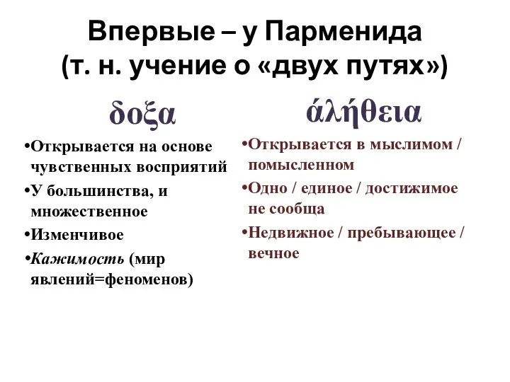 Впервые – у Парменида (т. н. учение о «двух путях») δοξα Открывается