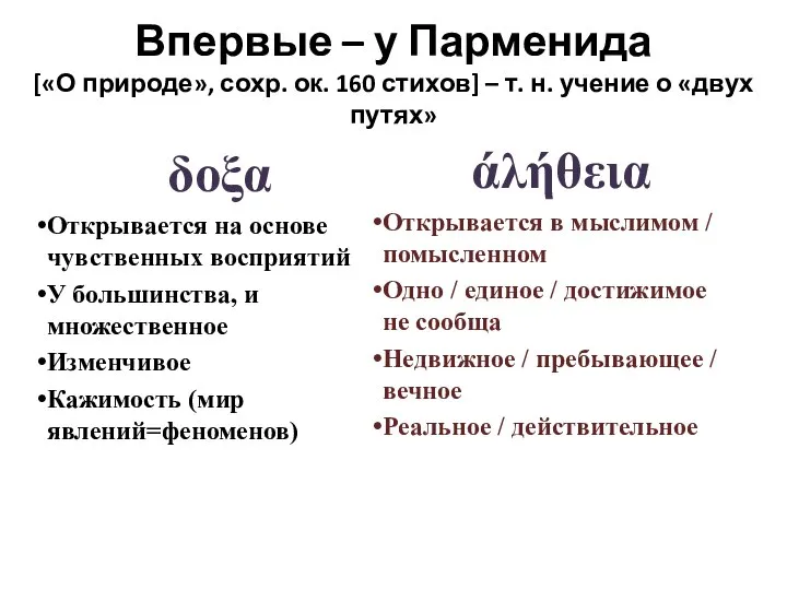 Впервые – у Парменида [«О природе», сохр. ок. 160 стихов] – т.