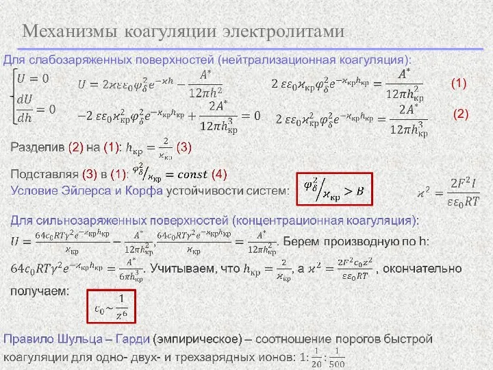 Механизмы коагуляции электролитами (1) (2) Для слабозаряженных поверхностей (нейтрализационная коагуляция):