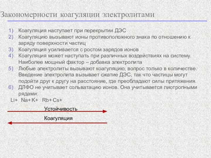 Закономерности коагуляции электролитами Коагуляция наступает при перекрытии ДЭС Коагуляцию вызывают ионы противоположного