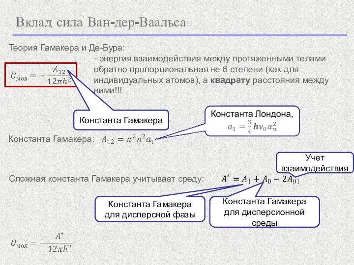 Вклад сила Ван-дер-Ваальса - энергия взаимодействия между протяженными телами обратно пропорциональная не