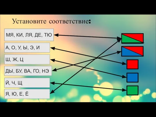 Установите соответствие: МЯ, КИ, ЛЯ, ДЕ, ТЮ А, О, У, Ы, Э,