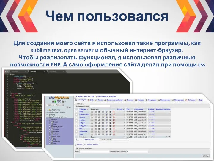 Чем пользовался Для создания моего сайта я использовал такие программы, как sublime