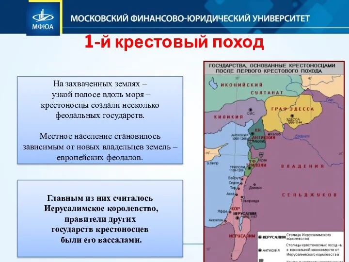 1-й крестовый поход На захваченных землях – узкой полосе вдоль моря –